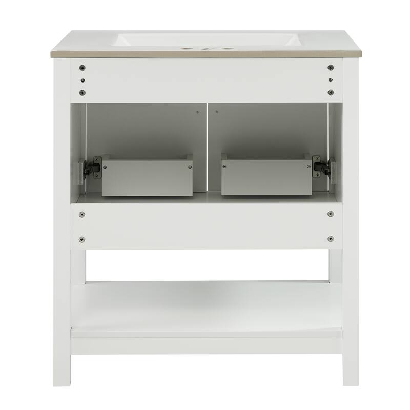 Vertical Stripe Storage Cabinet Versatile Bathroom Vanity with Ceramic Sink, Open Shelf, Door Storage Boxes and Golden Handles