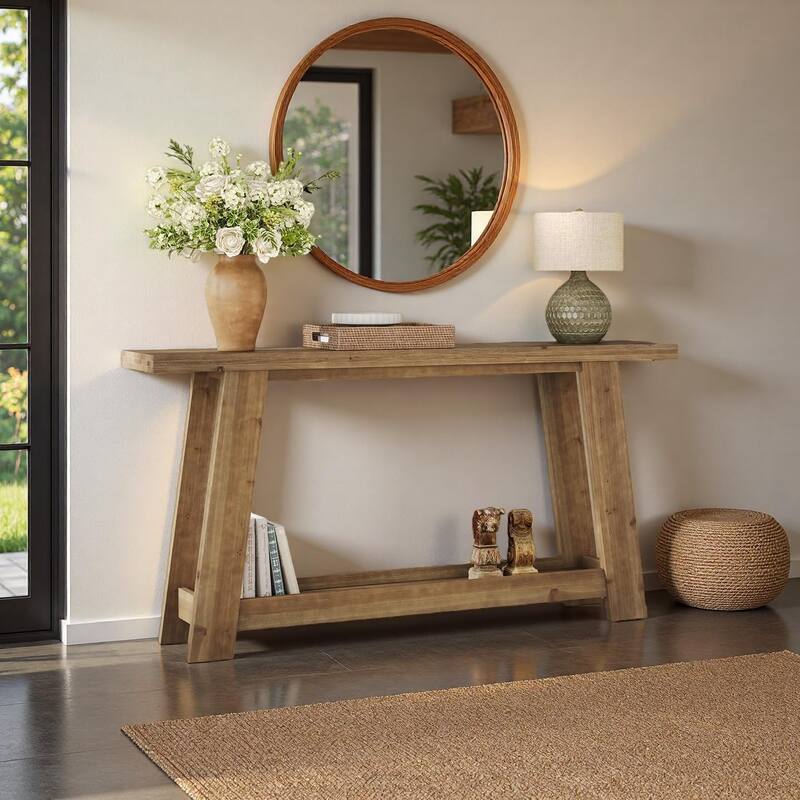 63" Solid Wood Console Table, Farmhouse Entryway Table with 2-Tier Shelf - 62.99" W x 11.81" D x 31.49" H