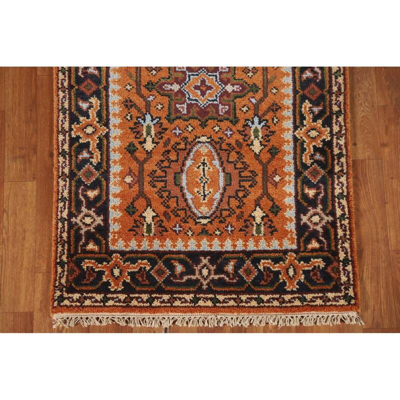 Geometric Orange Kazak Indian Runner Rug Handmade Wool Carpet - 2'7"x 9'11"