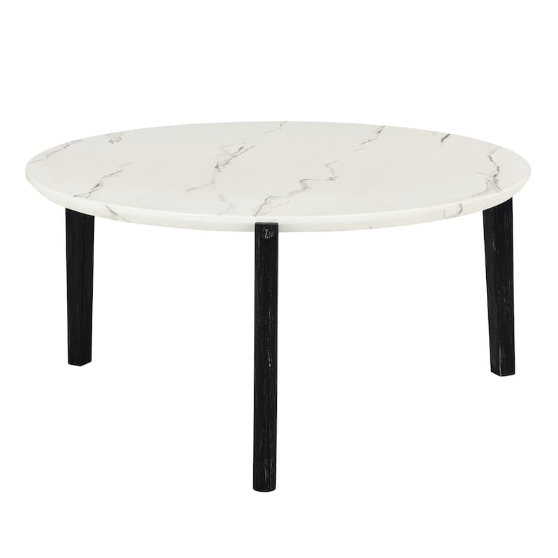 Living Room Coffee Table,36 Inch Round Small Coffee Table,Imitation Marble Tabletop With Rubber Wood Legs,Wooden Coffee Table