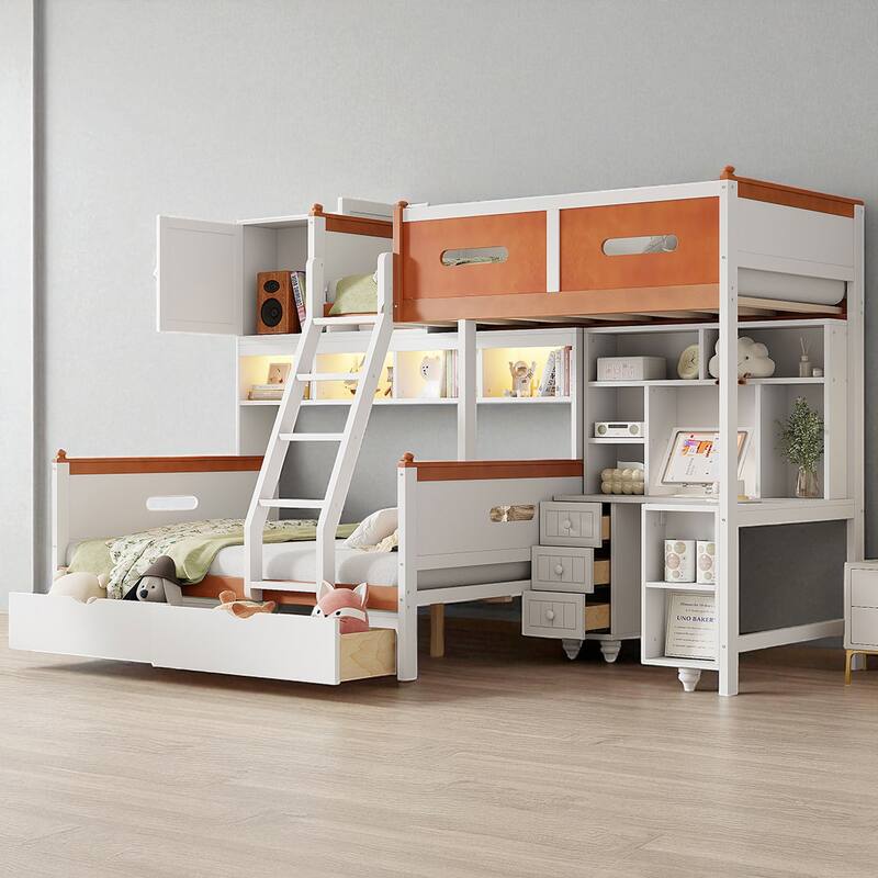 Twin Over Full Wooden Bunk Bed with Desk, Drawers, Shelves, Cabinet & LED Light, White and Orange