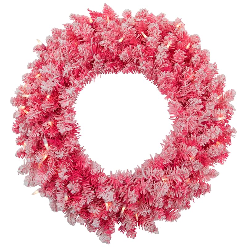Pre-Lit Flocked Pink Artificial Christmas Wreath 24-Inch, Clear Lights