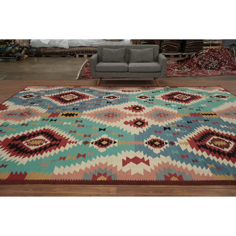 Hand Woven Oriental 100% Wool Carpet Southwestern Tribal Multi-Colored Kilim Area Rug - 14' 1'' X 10' 4''
