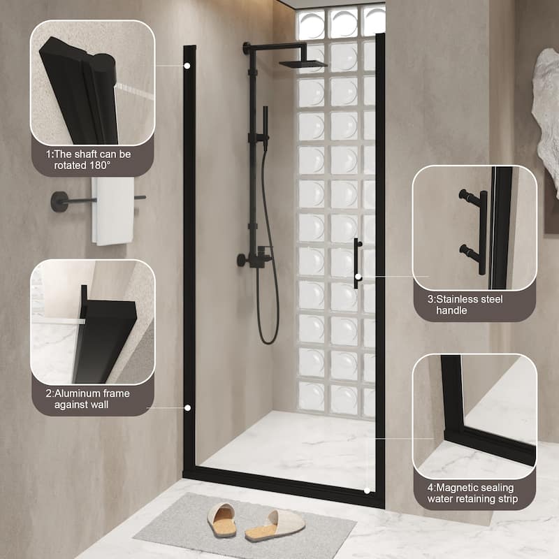 Pivot Shower Door 24/28/34 x 72 in., 6mm Tempered Glass, Matte Black Half Frame, Explosion-Proof Safety Film