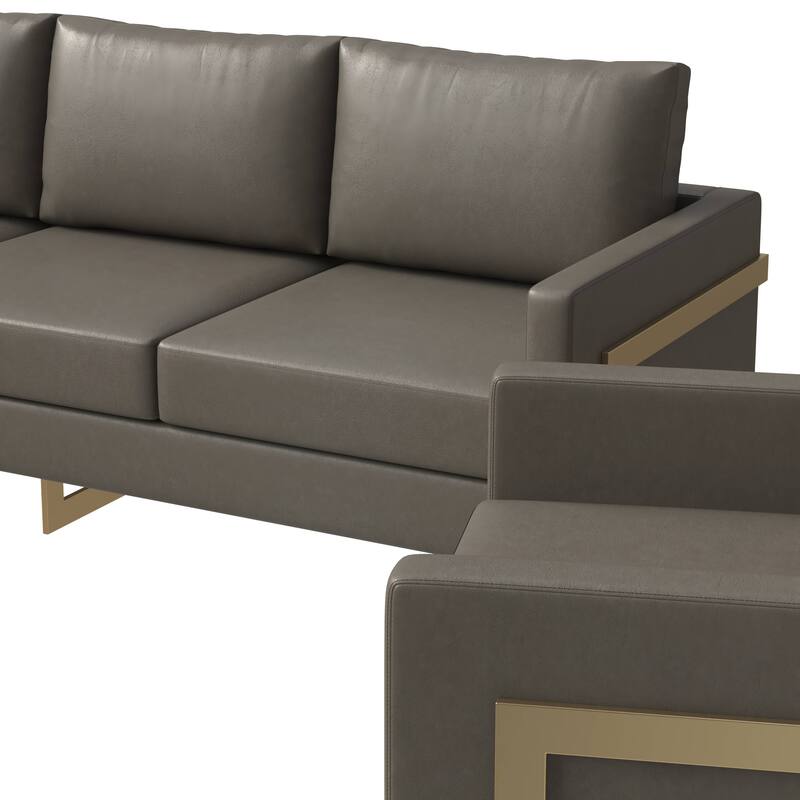 3-Piece Leather Sofa Set with Gold Stainless Steel Base and Removable Cushions