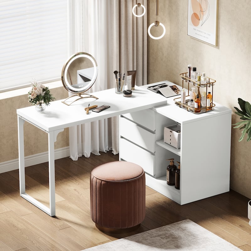 Stylish L-Shaped Vanity Desk, White Makeup Table - White