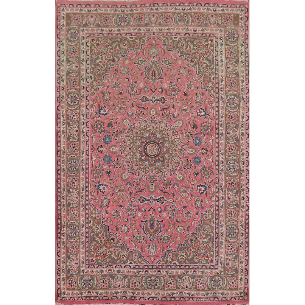 Pink Floral Mashad Persian Vintage Area Rug Hand-Knotted Wool Carpet - 6'5"x 9'5"
