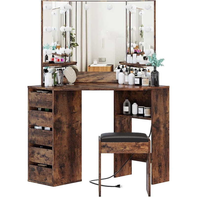 Vanity Desk with Mirror and Lights, Corner Makeup Vanity Desk