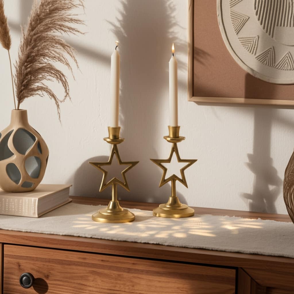 Metal Pillar Taper Candle Holder Decorative Stand with Crescent Detail