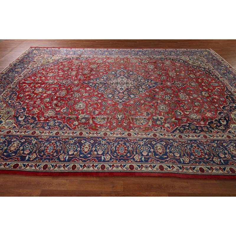 Traditional Floral Red Kashan Persian Vintage Rug Handmade Wool Carpet ...