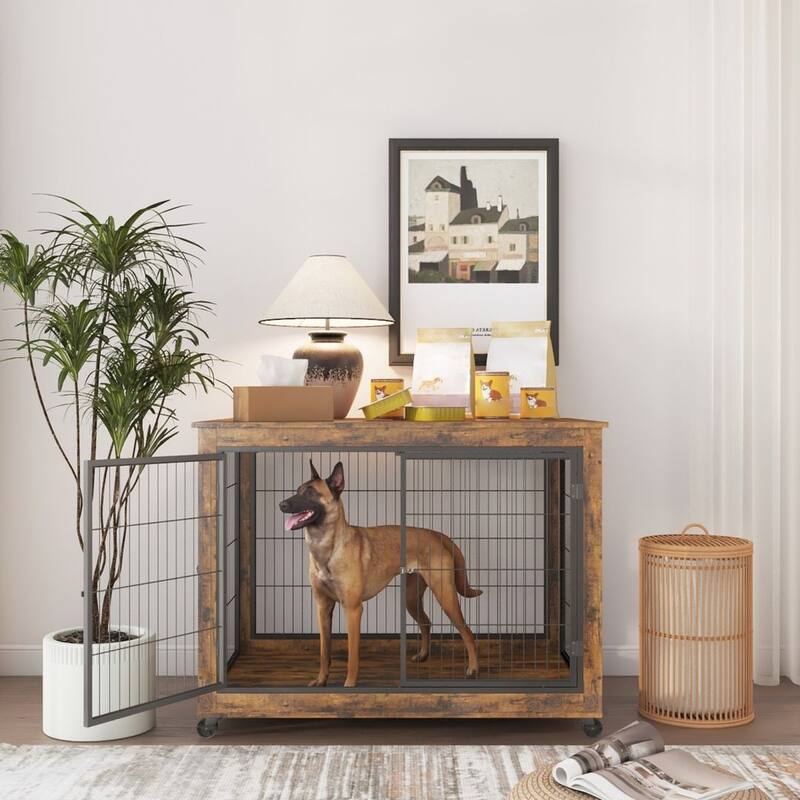 Dog Crate Furniture with Double Doors on Casters