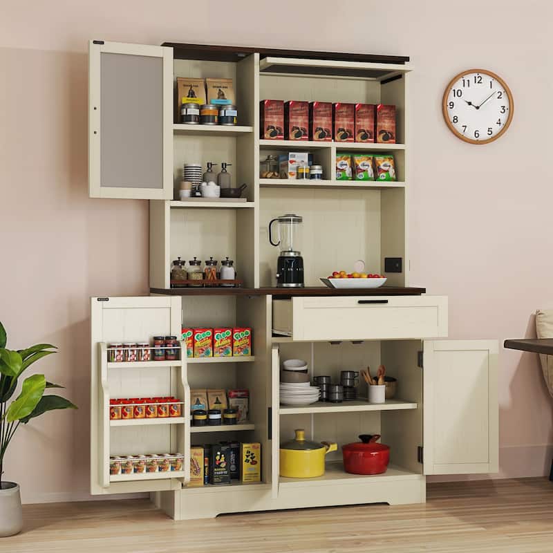 Moasis Farmhouse Kitchen Food Pantry Cabinet Kitchen Storage Cabinet with Adjustable Shelve And Built-In Charge Station