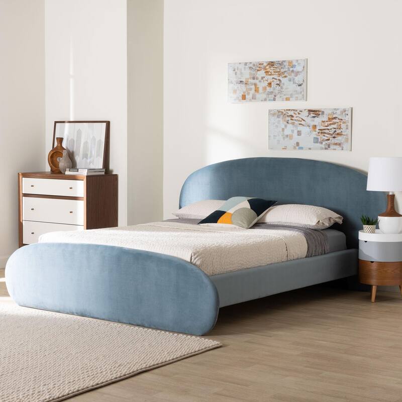 Ekram Velvet Upholstered Platform Bed - Mid-Century Modern Bed Frame with Curved Headboard and Accent Footboard