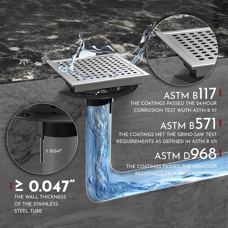 6-Inch Square Shower Floor Drain, Quadrato Pattern Grate - 6 inch