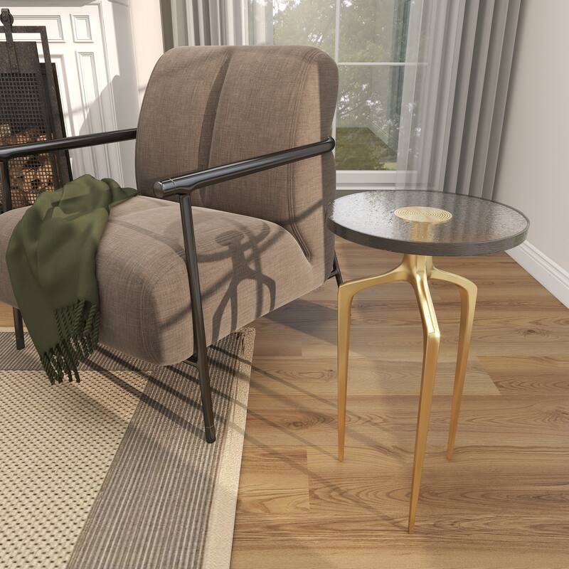 Aluminum Metal Small Tripod Accent Table with Textured Glass Tabletop - Silver, Gold or Black - Roche River Decor