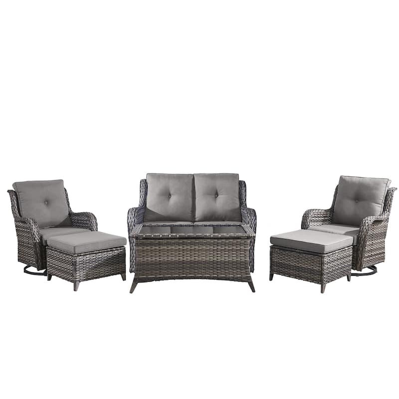 Pocassy Outdoor 6 Pieces 2-Seat Sofa Swivel Chairs Table Ottoman