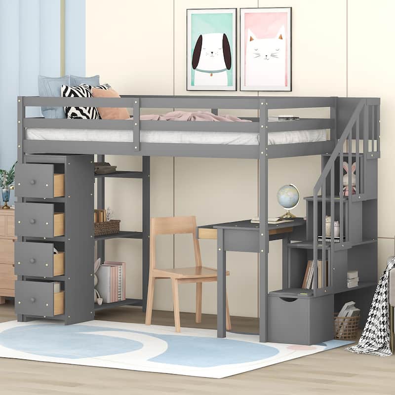 Twin Loft Bed with Storage Drawers, Desk, and Stairs for Kids - Space-Saving Design