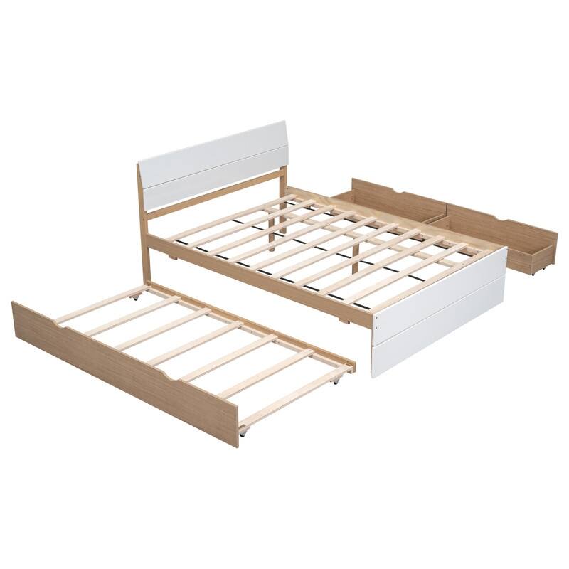 Modern Style Full Size Platform Bed Frame With Trundle and 2 Drawers