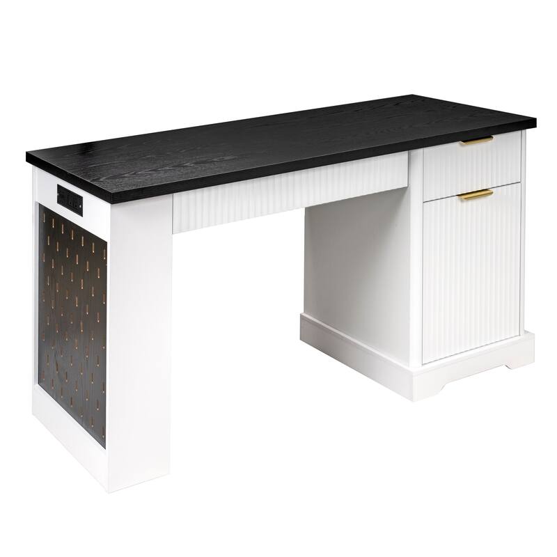 Wooden Executive Desk with Storage, Workstation Home Office Desk Computer Desk with Power Outlet, Pegboard and Keyboard Tray