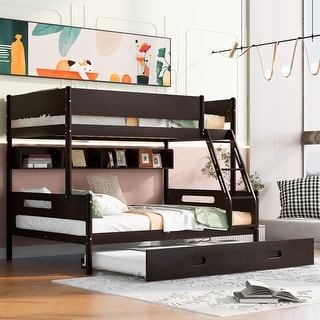 Wood Twin over Full Bunk Bed with Storage Shelves and Twin Size Trundle