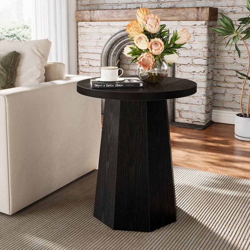 Round End Table, Wooden Couch Side Table, Nightstand Accent Furniture for Living Room, Bedroom