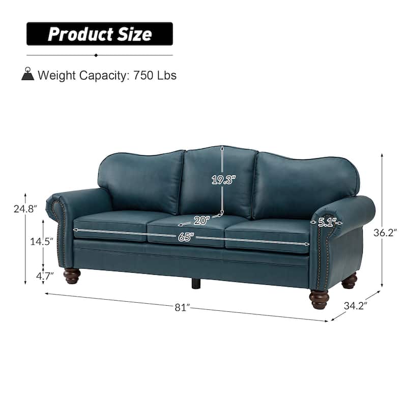 Balvino 81" Wide Transitional Genuine Leather Rolled Arm Sofa with Nailhead Trim and Removable Cushions