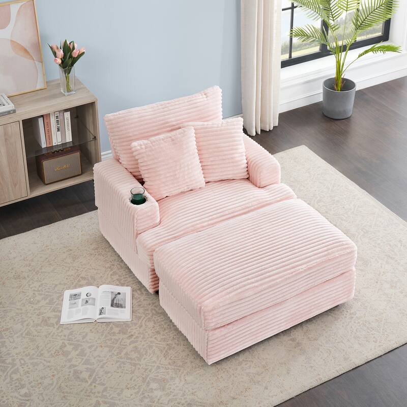 39-inch Pink Corduroy 1-Seater Spring Upholstered Armchair and Ottoman Set with Cup Holder