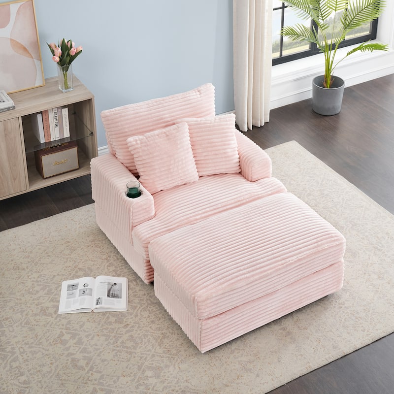 Pink Corduroy Armchair Sofa with Ottoman and Cup Holder