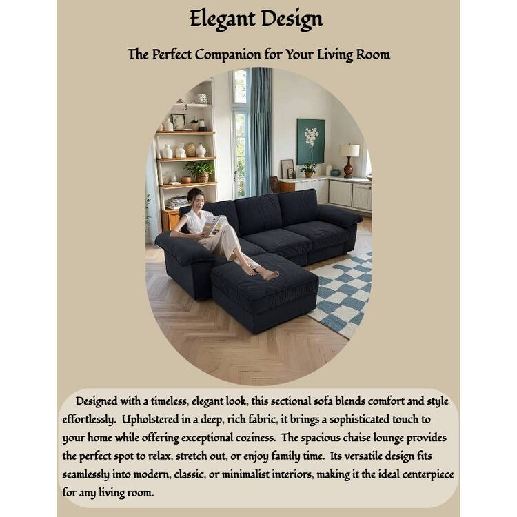 Upholstered L-Shaped Sectional Sofa Couch with Ottoman, Modern Fabric Deep Seat Sofa