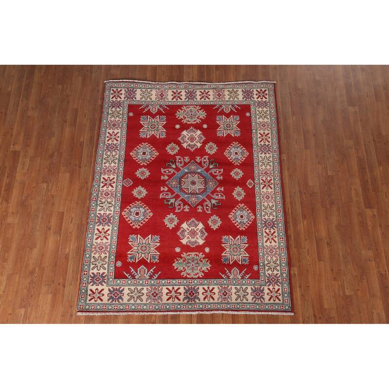 Red Geometric Kazak Area Rug Handmade Bedroom Wool Carpet - 5'0" x 6'9"