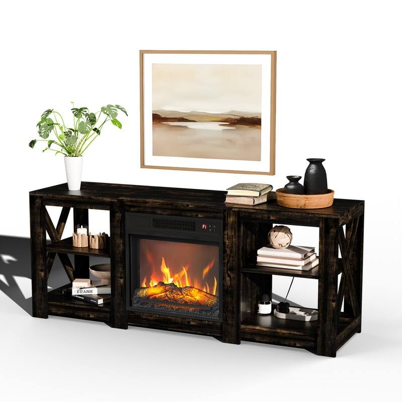TV Stand with Optional Fireplace for TVs up to 70in Farmhouse Entertainment Center with Adjustable Shelves