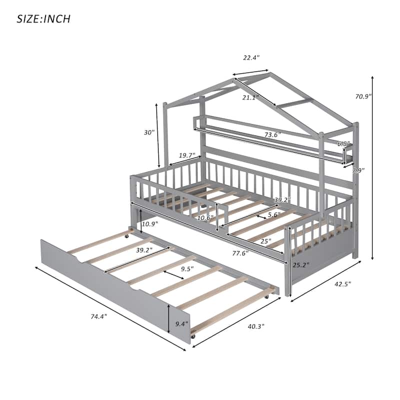 Twin House Bed with Trundle and Storage Shelves, Playful Kids Bed with Roof
