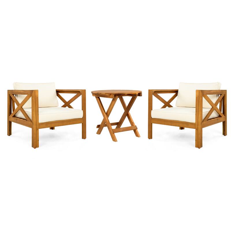 3 Piece Patio Conversation Set, Outdoor Wood Conversation Seat(Set of 2),Armchair with Cushions,Foldable Acacia Wood Side Table
