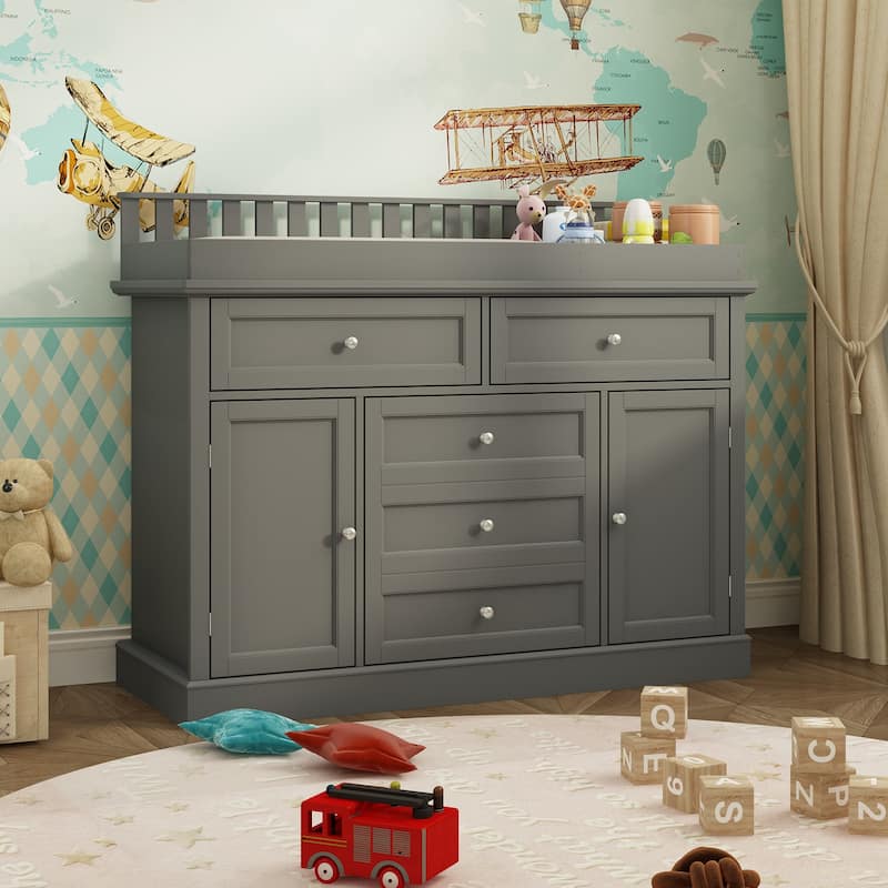 Classic White Baby Changing Table with Storage Cabinets and Drawers - Grey