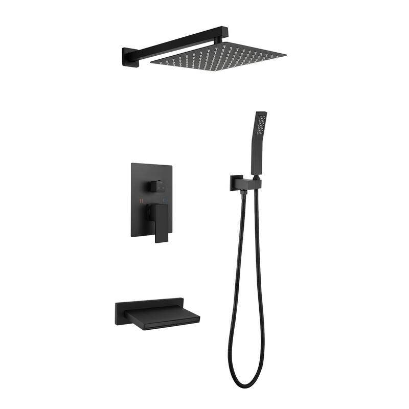 Wall Mounted Bathroom Rain Shower System Set with 10" Rain Shower Head, Handheld Shower and Tub Spout - Matte Black