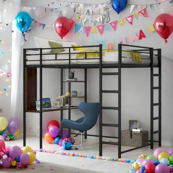 slide 2 of 25, Full Size Metal Loft Bed With 2 Shelves and one Desk for Home Black