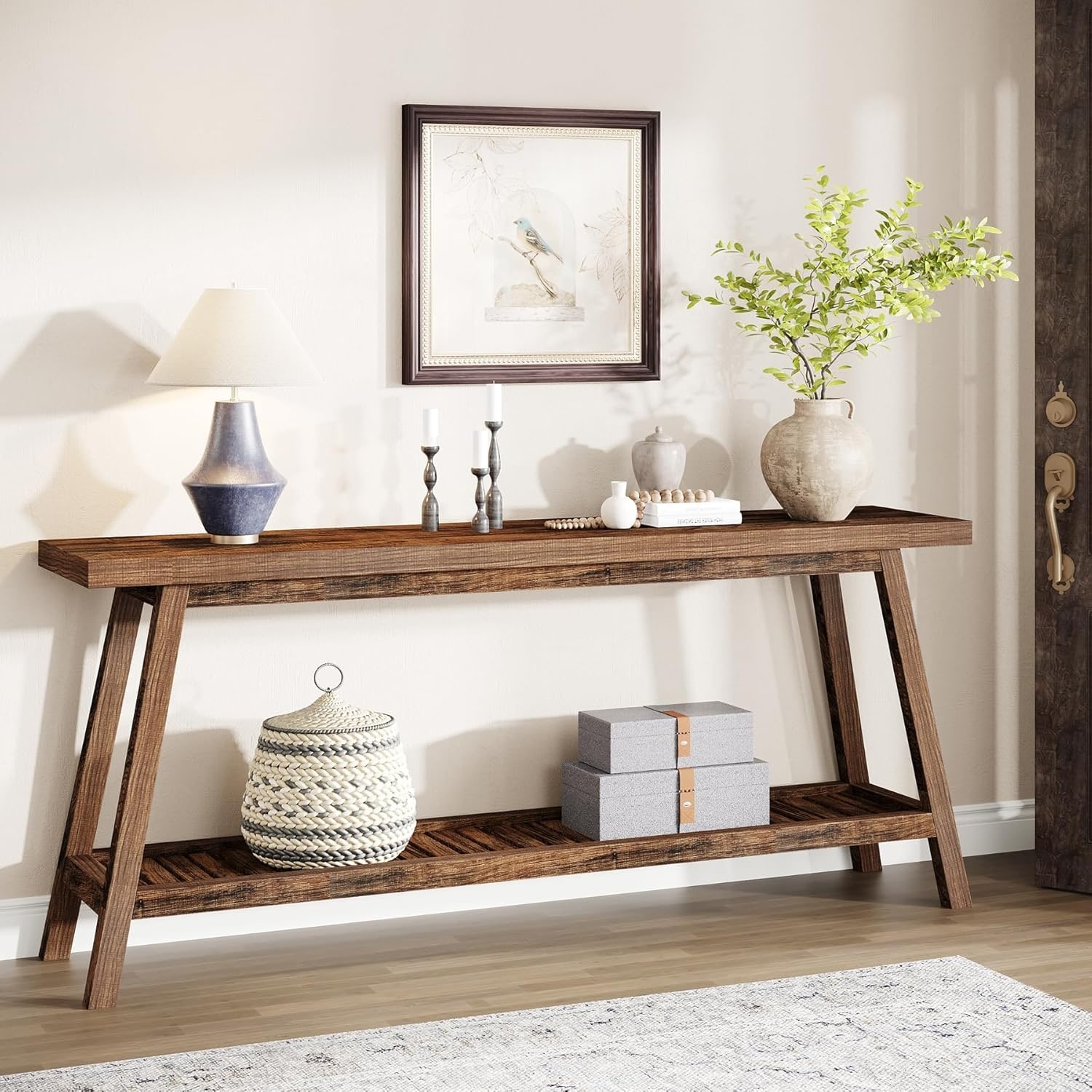 Farmhouse Console Entryway Table: 70.9 Inches Extra Long Console Table for Entryway, 2-Tier Narrow Wood Foyer Sofa Couch Table