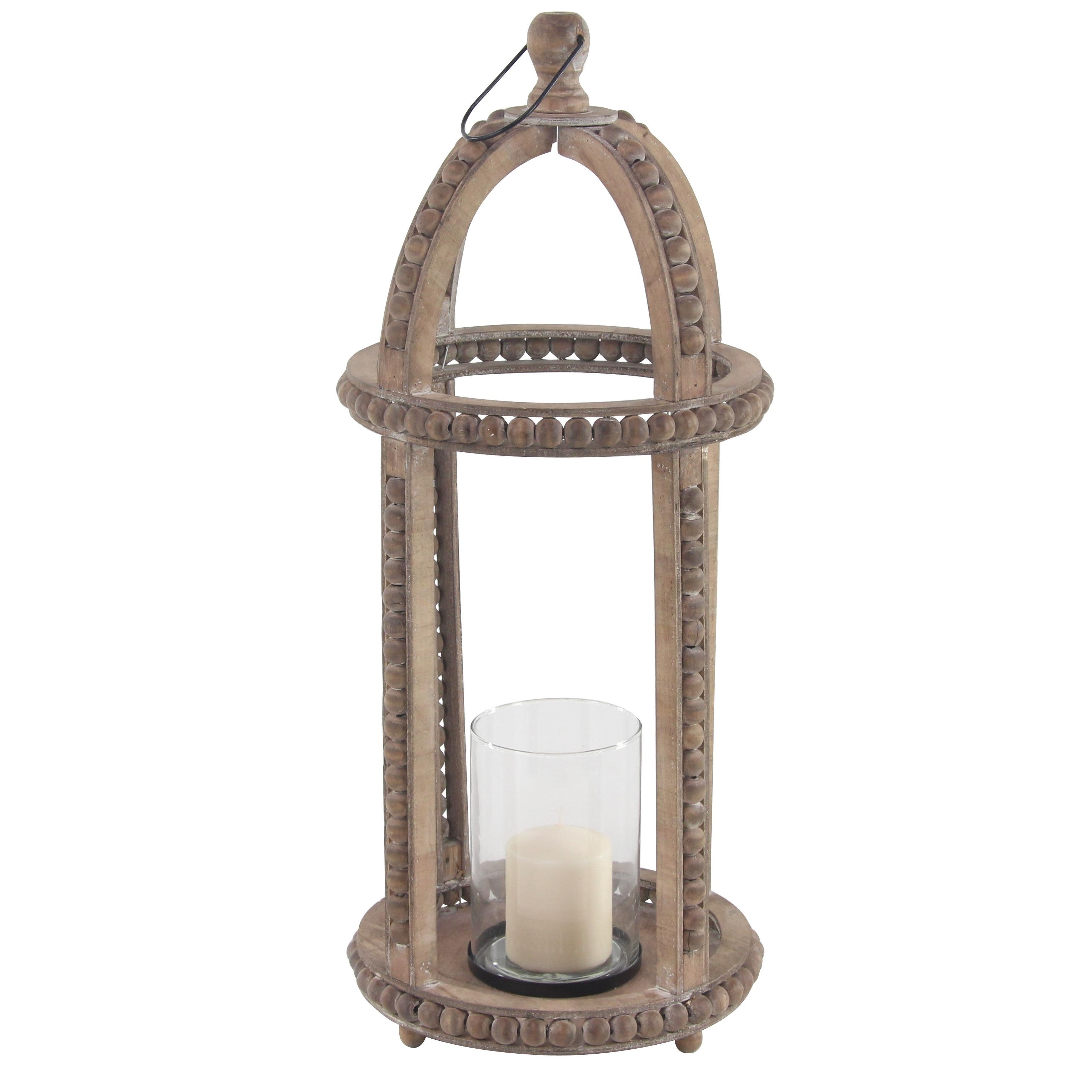 Reclaimed Wood Beaded Decorative Candle Lantern - Brown - Roche River Decor