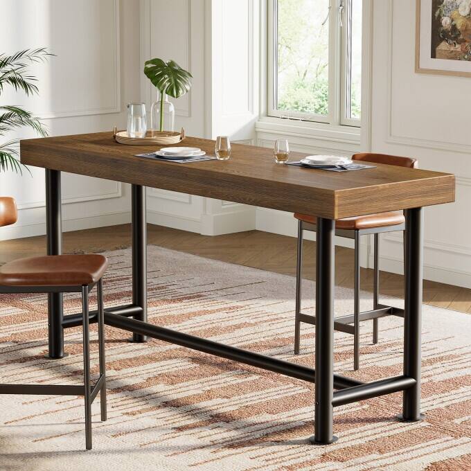Industrial 63-Inch Solid Wood Bar Table with Metal Frame
