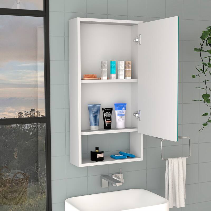 Light Gray Medicine Cabinet - 35.4" H, Large Mirror, 1 Interior Shelf, 1 External Shelf, Wall-Mounted Storage - 17.9X5.6 in - White + Particle Board
