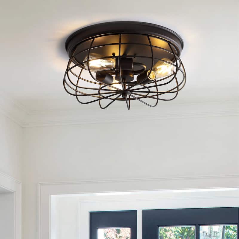 Curva 15.7" 3-Light Farmhouse Metal Cage Flush Mount, Oil Rubbed Bronze by JONATHAN Y