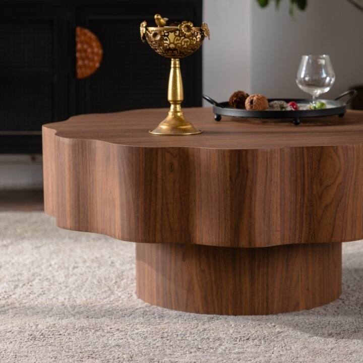 31.5" Irregular Coffee Table for Living Room, MDF Modern Nesting Imitation Wood Grain Coffee Table with Open Storage