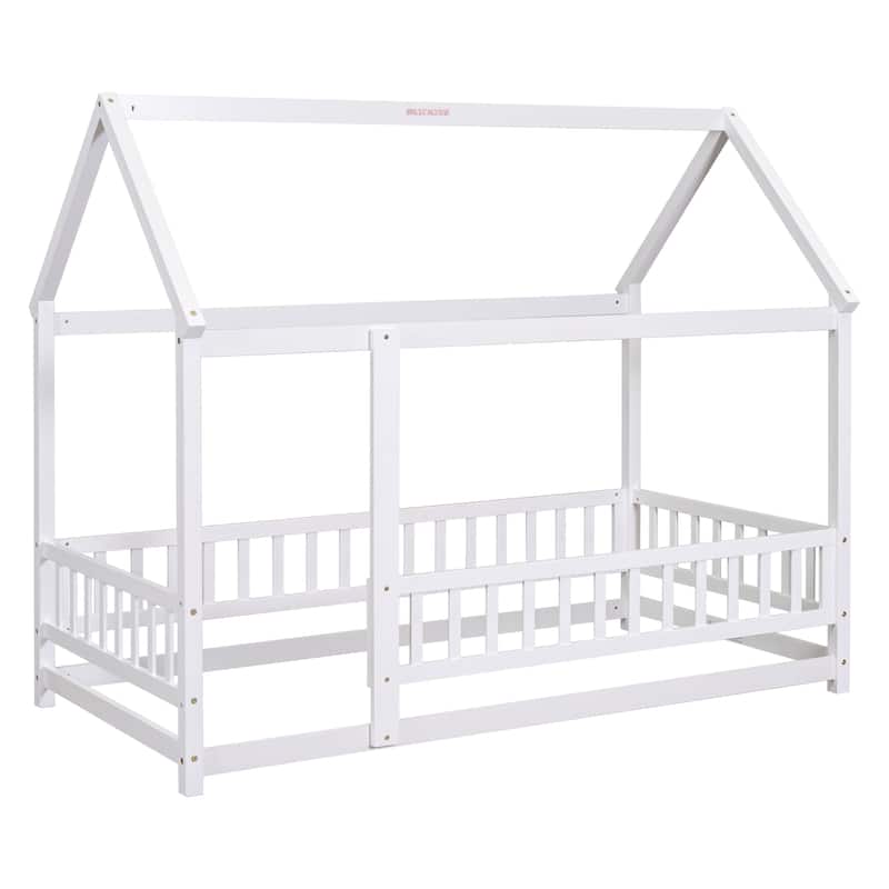 Full/Twin Size Wooden Bed with House Roof Frame and Fence Guardrails