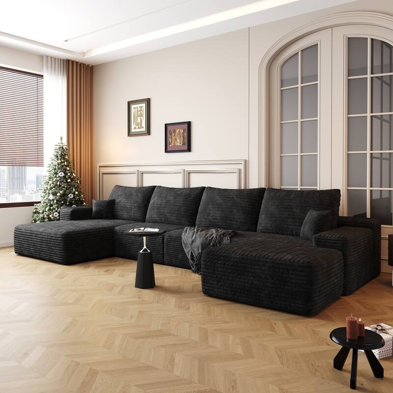 U Shaped Modular Sectional Sofa with Ottoman & Chaise, Corduroy Upholstered Boneless Couch, Corner Deep Seat Compressed Sofa - Black