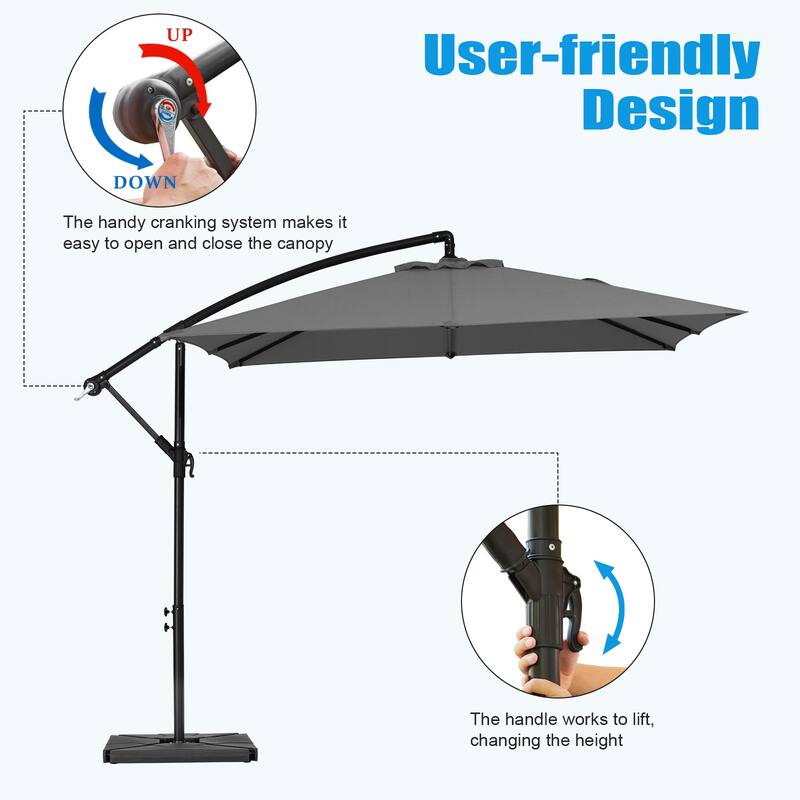 8ft×8ft Square Steel Crank-lift Cantilever Umbrella With Weighted Base