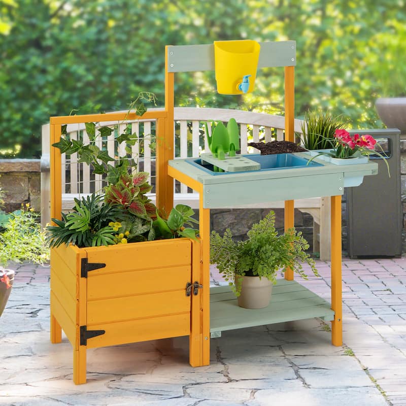 Gymax Wooden Potting Bench for Kids w/ See-Through Window Planter Box