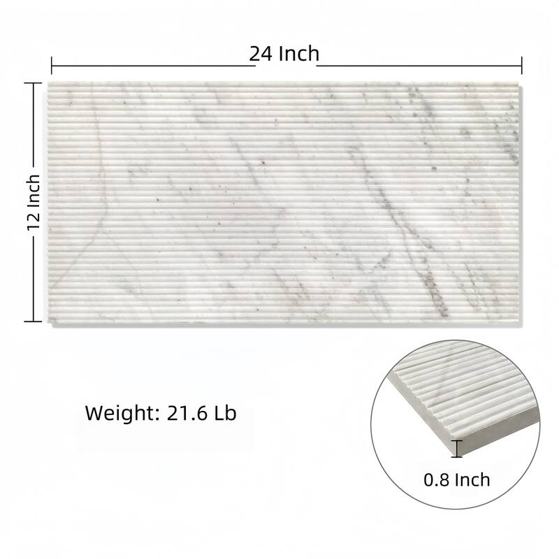 Roomfitters Natural Marble Wall Tile, OL Textured 3D Fluted Stone, Genuine Marble, 4-Piece Box, White
