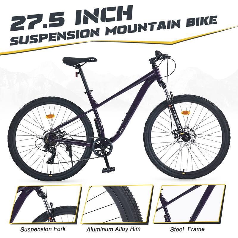 Purple-Black Steel Mountain Bike 27.5 inches Tires 8-Speed Disc Brakes - 68.50 x 27.10 x 40.55 in