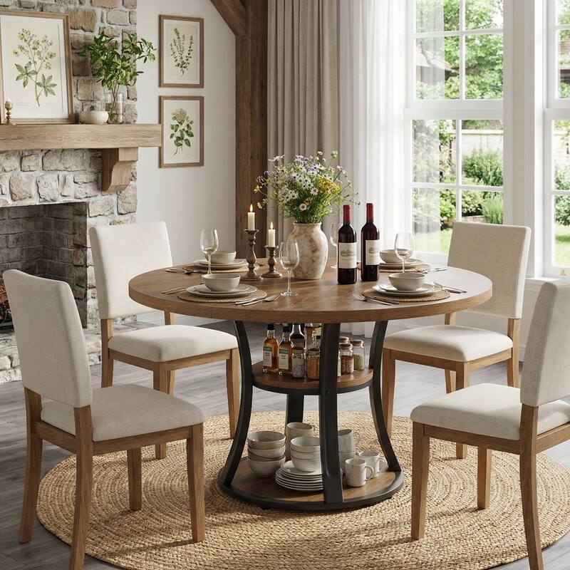 39 Inch Round Pedestal Dining Table with 2-Tier Storage Shelf - 39.37" D x 39.37" W x 29.53" H