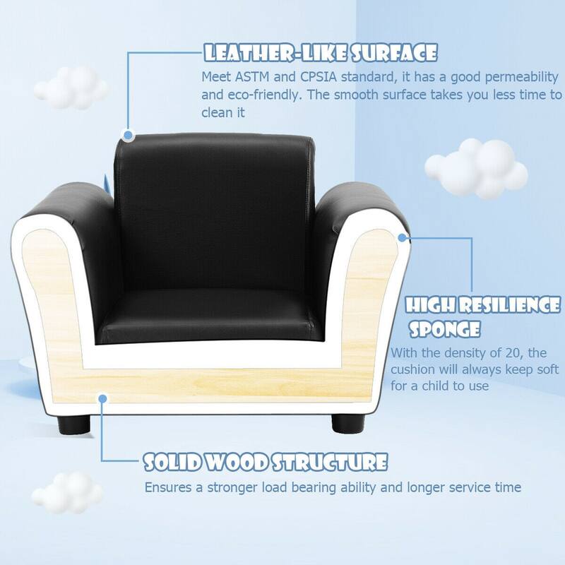 Black Kids Single Armrest Couch Sofa with Ottoman - 21" x 16.5" x 16' (LxWxH)